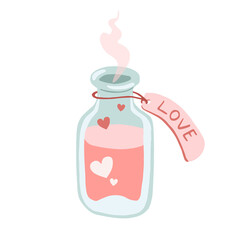 Vintage bottle of love potion drink with label tag