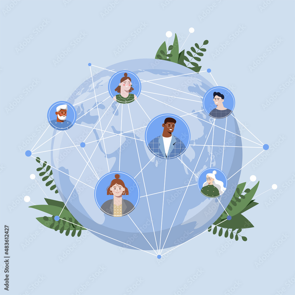 Aufkleber social network concept. avatars of characters connected by network on globe. modern technologies and