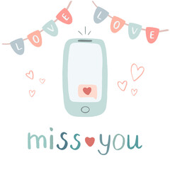 Cute romantic illustration with flags garland and cell phone