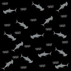 Illustration pattern sharks and waves with two colors and black background surf design