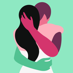 vector stylized illustration of two hugging people in love in a nice color palette. useful for Valentine's Day card or International Hug Day, flyers, wedding invitations, love declarations, print, web