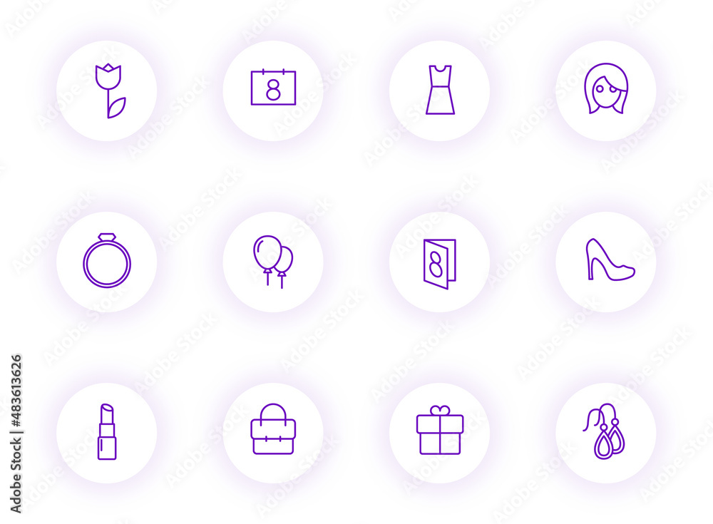Poster 8 march purple color outline vector icons on light round buttons with purple shadow. 8 march icon se