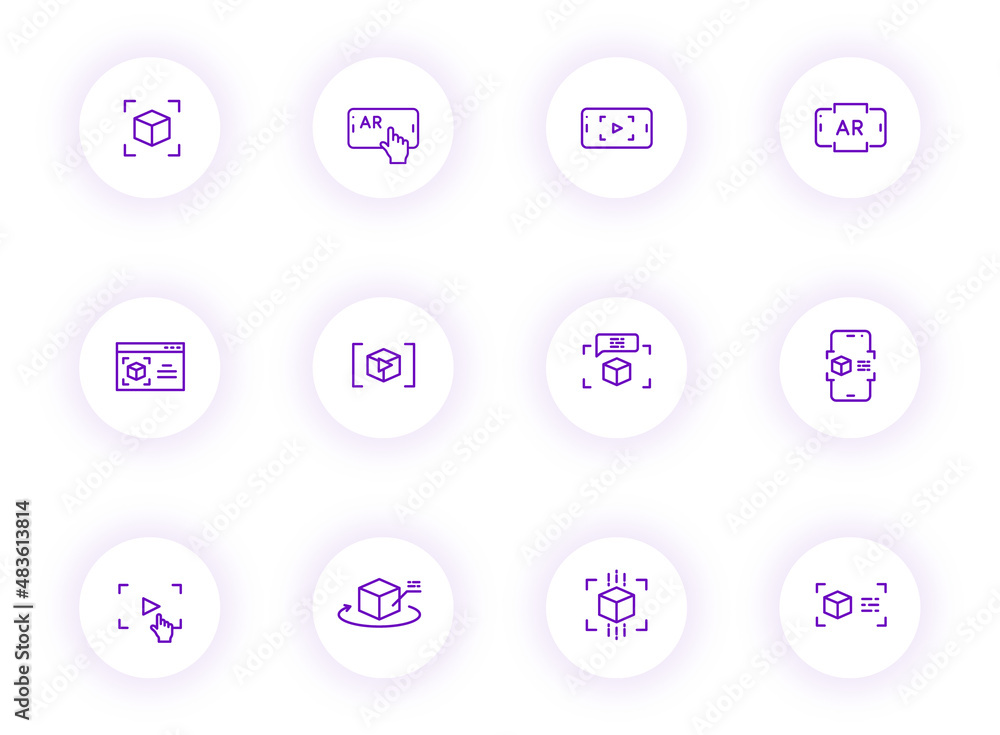 Aufkleber augmented reality purple color outline vector icons on light round buttons with purple shadow. virtu