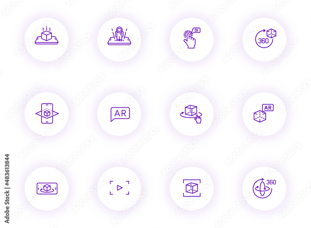 Poster augmented reality purple color outline vector icons on light round buttons with purple shadow. virtu