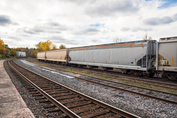 Cargo rail wagons in a train station on a cloudy autumn day