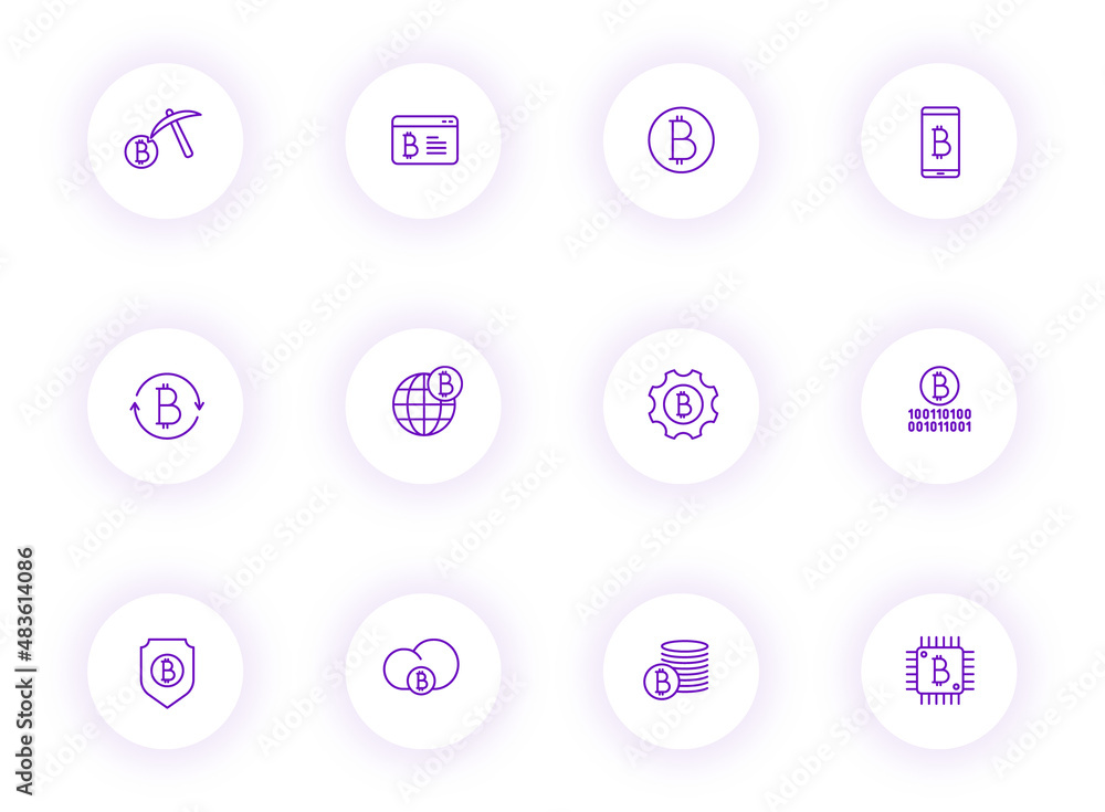 Aufkleber bitcoin purple color outline vector icons on light round buttons with purple shadow. bitcoin icon se