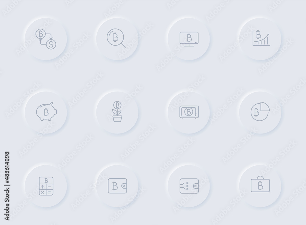 Poster bitcoin gray vector icons on round rubber buttons. bitcoin icon set for web, mobile apps, ui design 