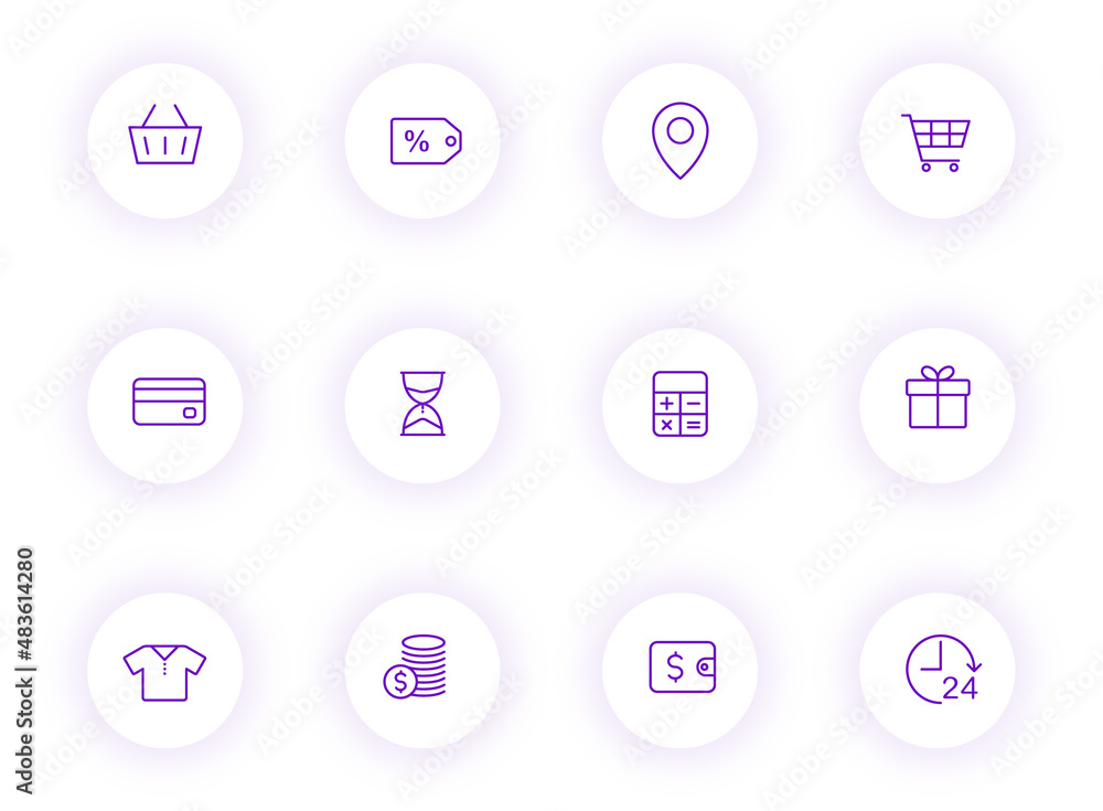 Poster black friday purple color outline vector icons on light round buttons with purple shadow. black frid