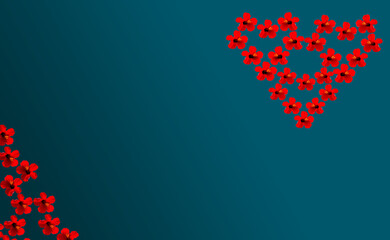 Red heart made of flowers on turquoise background 