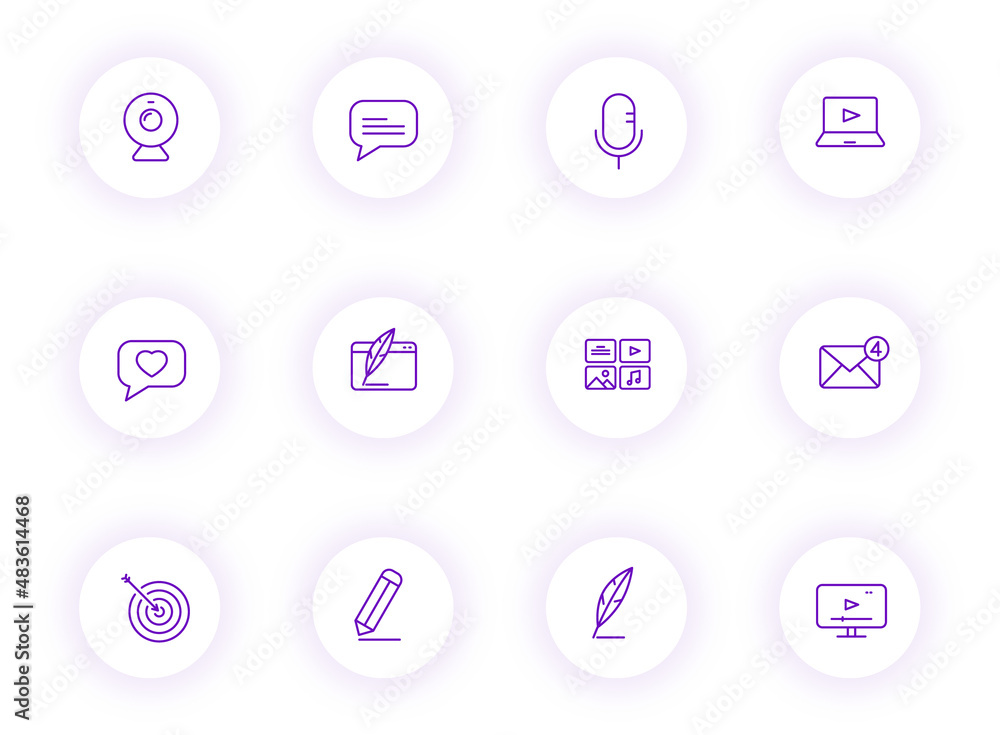Aufkleber blog purple color outline vector icons on light round buttons with purple shadow. blog icon set for 