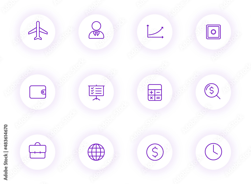 Poster business purple color outline vector icons on light round buttons with purple shadow. business icon 