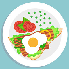 toast with scrambled eggs, bacon and  vegetables on a plate