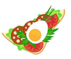 vector drawing of a sandwich with sausage, lettuce, parsley, tomatoes and half a boiled egg