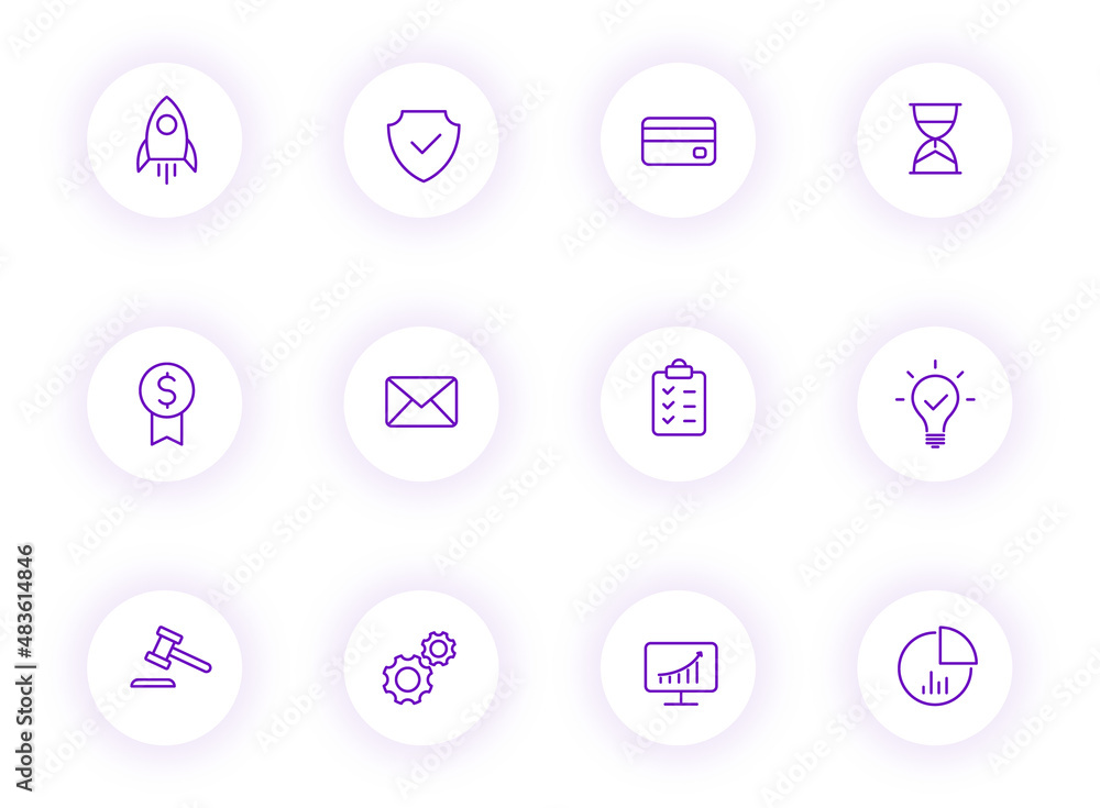 Poster business purple color outline vector icons on light round buttons with purple shadow. business icon 