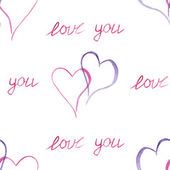 Watercolor hand painted romantic seamless pattern with purple and pink color hearts and love you lettering text isolated on the white background for Valentine's day print design