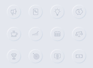 Fototapeta premium business gray vector icons on round rubber buttons. business icon set for web, mobile apps, ui design and promo business polygraphy