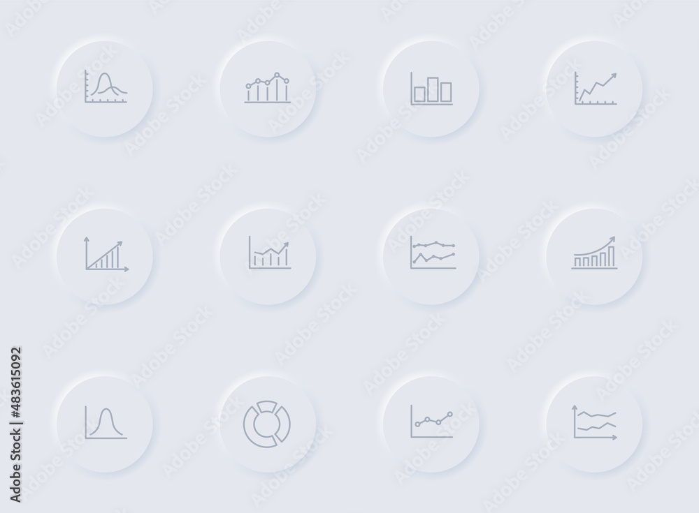 Poster chart gray vector icons on round rubber buttons. chart icon set for web, mobile apps, ui design and 