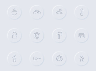 camping gray vector icons on round rubber buttons. camping icon set for web, mobile apps, ui design and promo business polygraphy