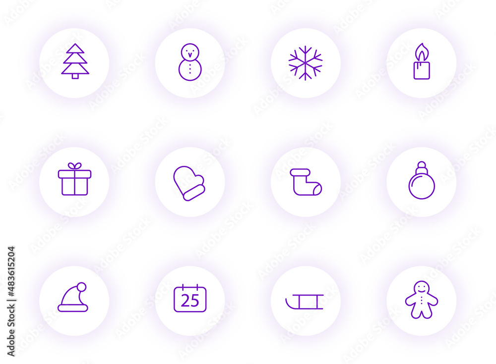 Poster christmas purple color outline vector icons on light round buttons with purple shadow. christmas ico