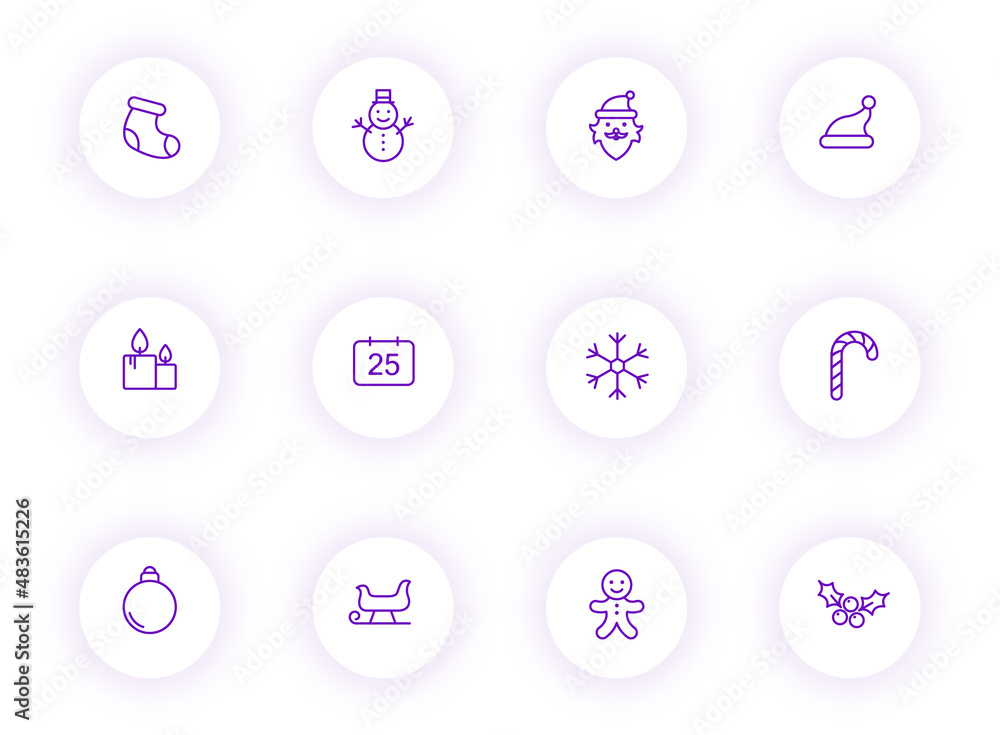 Poster christmas purple color outline vector icons on light round buttons with purple shadow. christmas ico