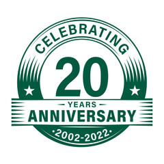 20 years anniversary celebration design template. 20th logo vector illustrations.
