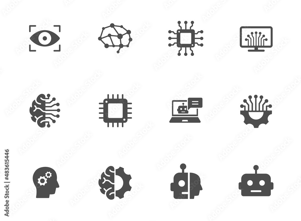 Aufkleber artificial intelligence silhouette vector icons isolated on white. cyber technologies icon set for w