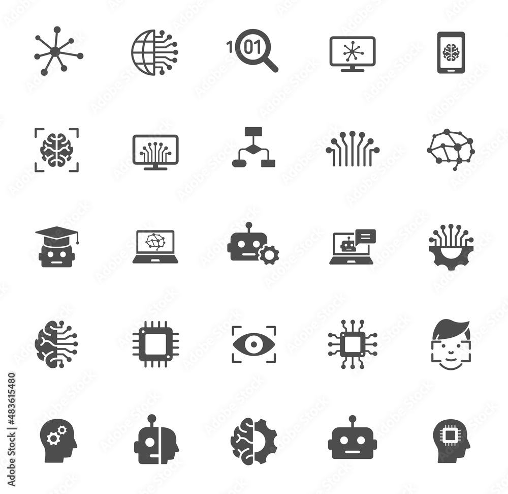 Aufkleber artificial intelligence silhouette vector icons isolated on white. cyber technologies icon set for w