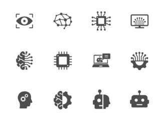 artificial intelligence silhouette vector icons isolated on white. cyber technologies icon set for web, mobile apps, ui design and print