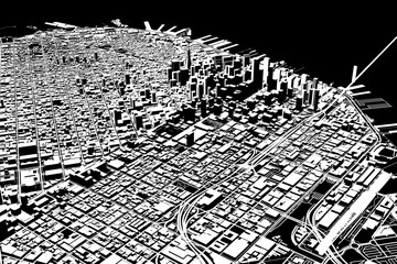Satellite view of San Francisco, map of the city with house and building. Silhouette, black and white. Skyscrapers. Usa. 3d rendering
