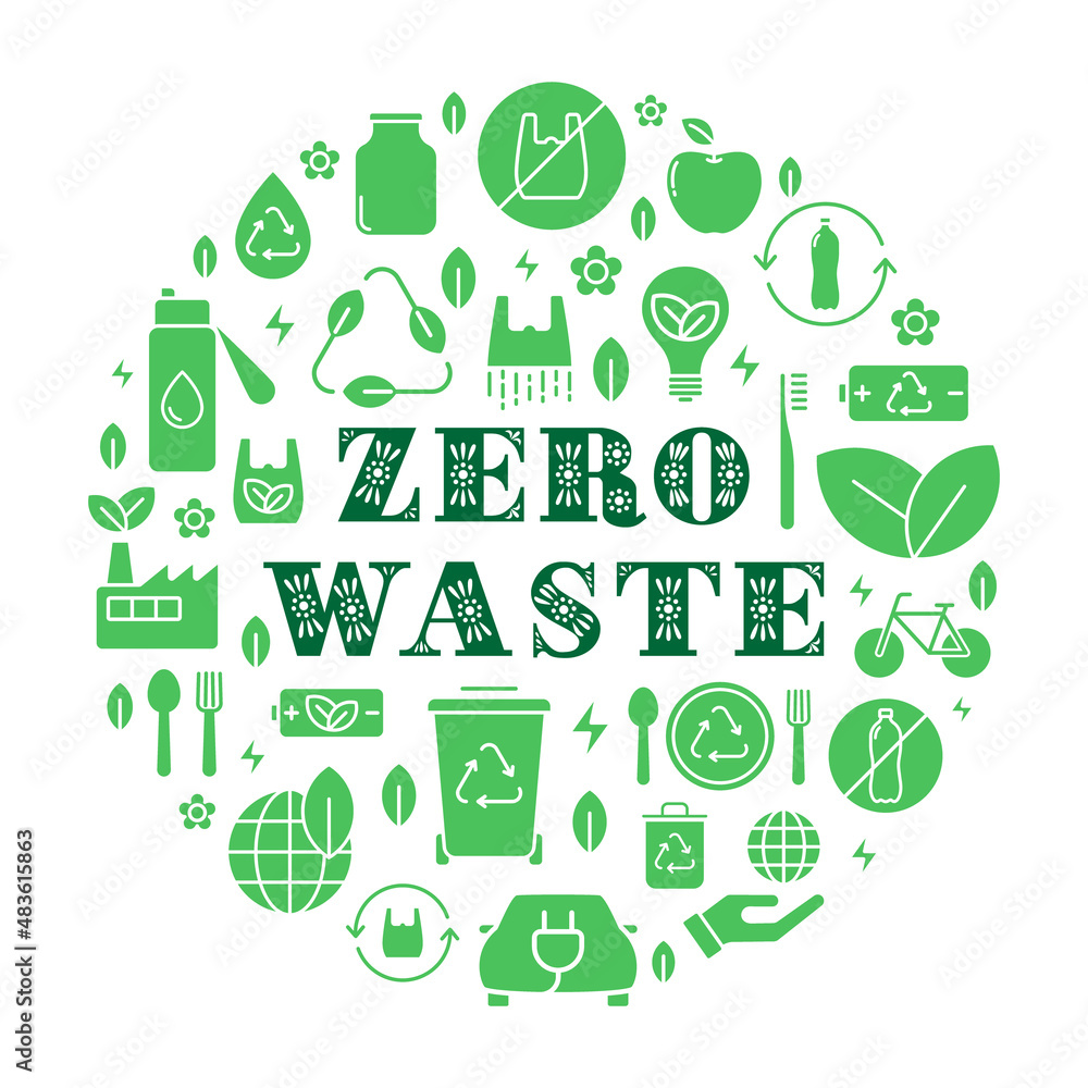 Aufkleber zero waste green vector illustration in circle form. zero waste refuse reduce reuse recycle rot line