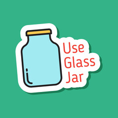 use glass jar color vector eco sticker. use glass jar color filled sticker with shadow on green background. go green, no plastic and zero waste eco friendly concept