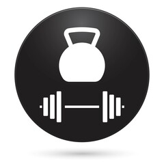 Kettlebell and dumbbell icon, black circle button, vector illustration.
