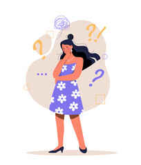 Waiting to be answered. Person looking for answers to internal questions. Character chooses best path, making decision. Woman props her head up with her hand. Cartoon flat vector illustration