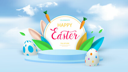 Minimalist scene with blue cylindrical podium, round frame, spring leaves and easter eggs. Bunny ears peek out from the leaves. Stage for product demonstration, showcase. Vector