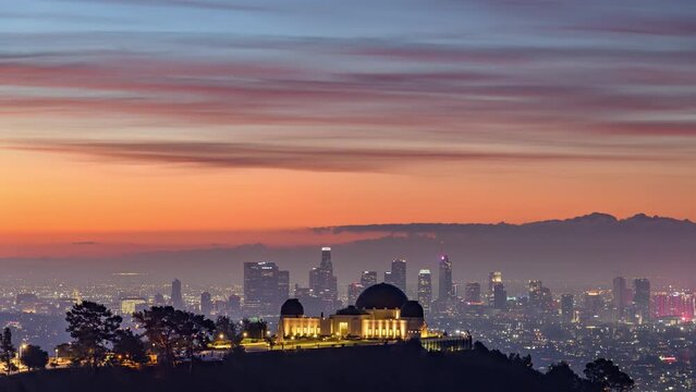 Griffith Park and Los Angeles Skyline Amazing Sky Sunrise Timelapse