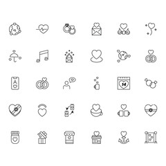 Romance and love concept. Vector monochrome outline signs drawn in flat style. Line icon set. Icons of hearts next to various items, such as ring, envelope, planet, cup, stores, giftbox