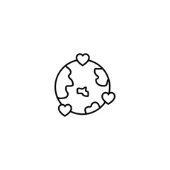 Romance and love concept. Vector monochrome outline signs drawn in flat style. Perfect for advertisement, articles, stores, internet pages. Line icon of planet Earth surrounded by hearts