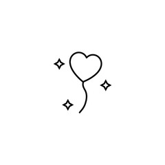 Romance and love concept. Vector monochrome outline signs drawn in flat style. Perfect for advertisement, articles, stores, internet pages. Line icon of balloon in form of heart surrounded by flares