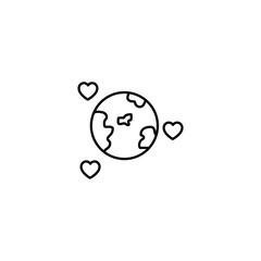 Obraz premium Romance and love concept. Vector monochrome outline signs drawn in flat style. Perfect for advertisement, articles, stores, internet pages. Line icon of Earth planet next to tiny hearts