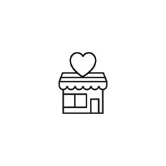 Romance and love concept. Vector monochrome outline signs drawn in flat style. Perfect for advertisement, articles, stores, internet pages. Line icon of heart over store’s roof