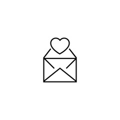 Romance and love concept. Vector monochrome outline signs drawn in flat style. Perfect for advertisement, articles, stores, internet pages. Line icon of heart over opened envelope