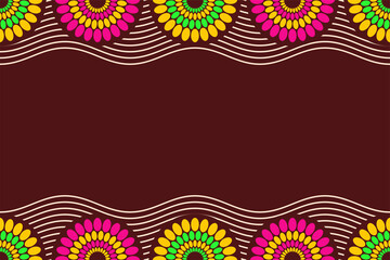 Fototapeta na wymiar Seamless horizontal border pattern with circles, round shapes, wavy lines. African fashion vector pattern. Bright colors. Textile, fashion pattern. Space for text. Vector color background.