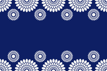 Fototapeta na wymiar Seamless horizontal border pattern with circles, round shapes. African fashion vector pattern. White shapes on blue background. Space for text. Vector color background.