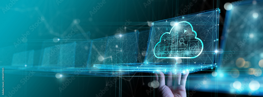 Fototapete Hand showing laptop computer with cloud network Computer connects to internet server service for cloud data transfer.Cloud computing technology and online data storage for business network concept.