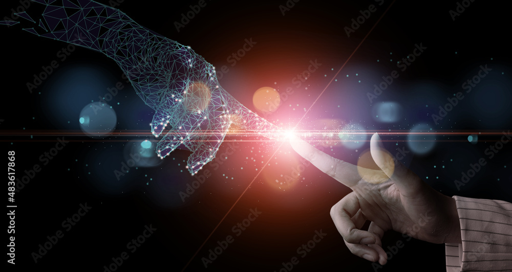 Aufkleber hand of businesswoman touching hand artificial intelligence meaning technology connection go to futu