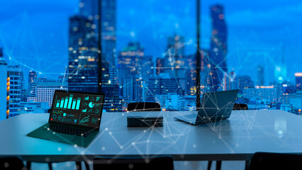 On night time nobody in office.Business visual data analyzing technology by creative computer...
