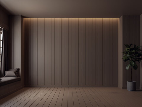 Empty dark brown plank wall room interior 3d render,decorated with hidden warm lighting.