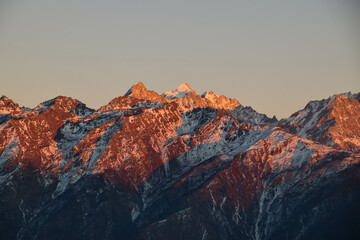 Sunset in the Himalaya mountains in Nepal. Tamang Heritage Trail and Langtang trek day 3 from Nagthali to the viewpoint Nagthali Gyang
