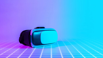 Virtual reality headset VR. 3d digital glasses on futuristic neon tech background. VR future gadgets technology, education online, studying, video game concept.