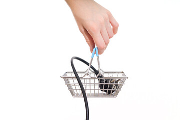 Fototapeta premium Girl holds a basket in which there is a power plug